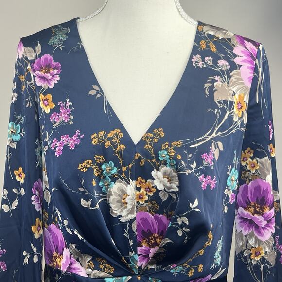Maggy London Petite Women's Navy Blue Floral Satin Dress 10P Ruched Waist - Picture 3 of 14